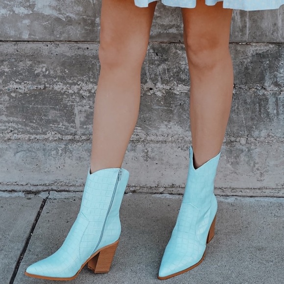 Blue Crocodile-Embossed Mid-Calf High Heel Boots - Picture 2 of 4